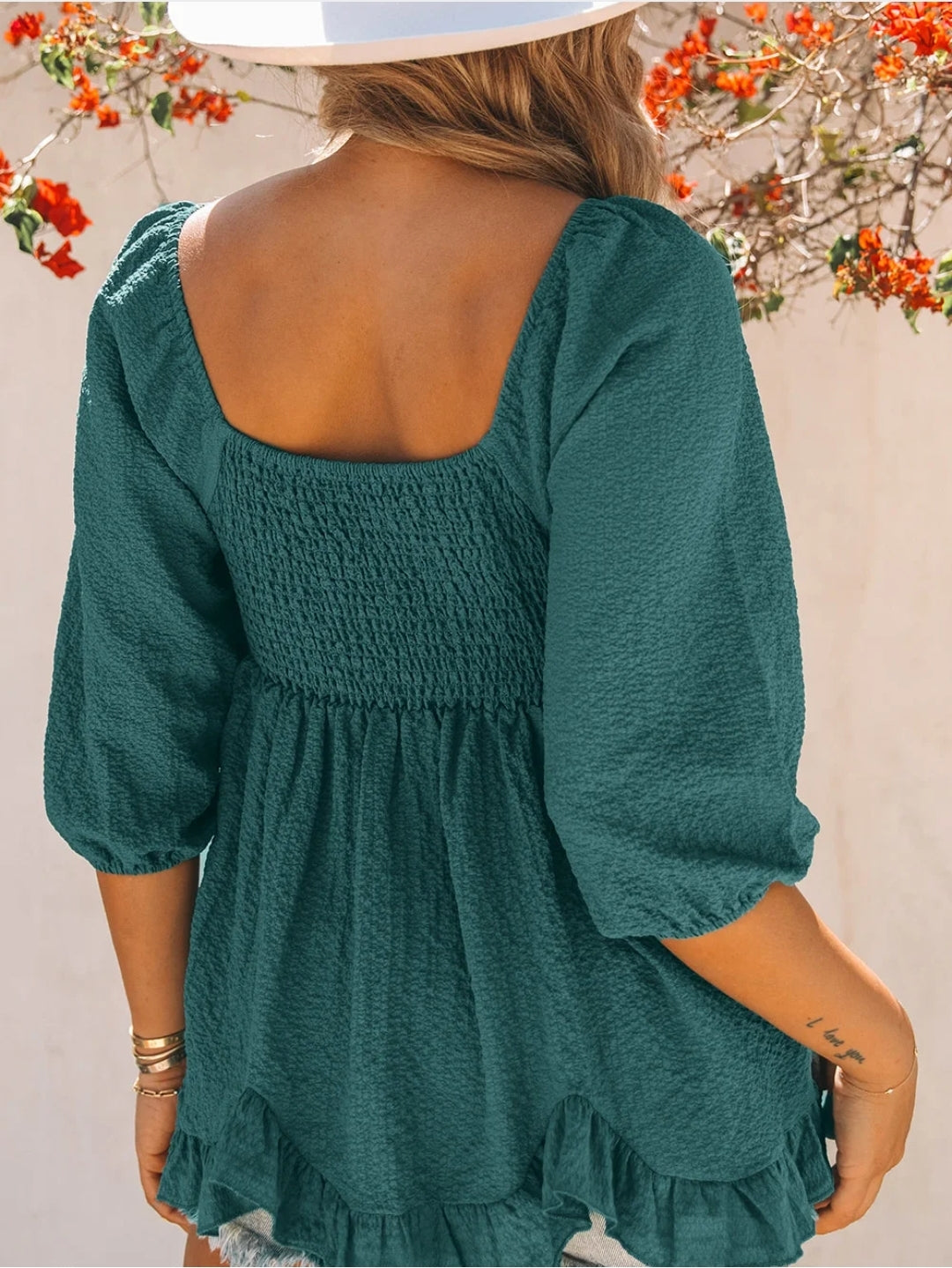 Teal Ruffled Smocked 3/4 Sleeve Square Neck Blouse